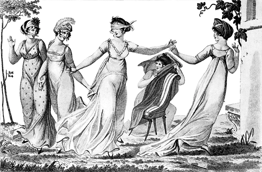 1803年欧洲女孩们玩“瞎子摸人”的游戏，图片来自维基百科，佚名